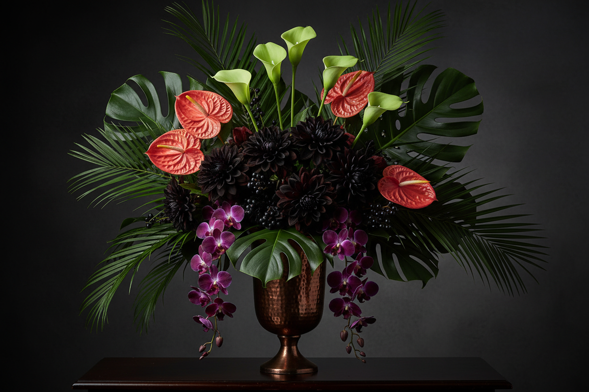 Halloween tropical centerpiece featuring 5 lime green artificial calla lily stems with black dahlias, coral anthuriums, and purple dendrobium orchids in a hammered copper urn with dark monstera foliage