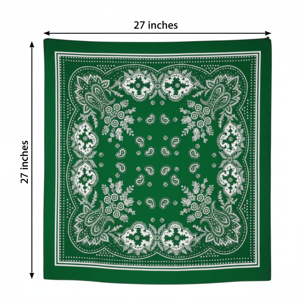 Measurement diagram showing 27x27 inch green paisley square scarf dimensions
