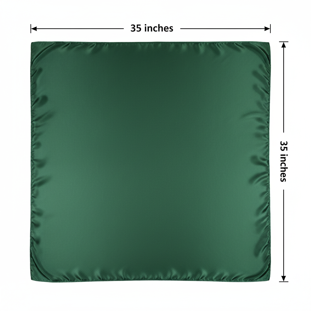 Forest green wild rag scarf measurement diagram showing 35 inches by 35 inches dimensions
