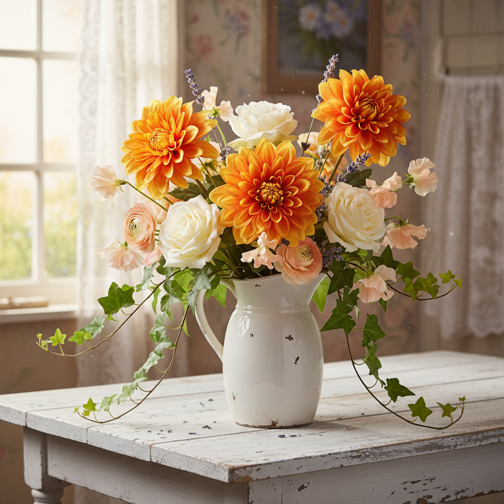 Cottage style floral arrangement with orange dahlia blooms in vintage white distressed pitcher with cream roses, peach sweet peas and trailing ivy