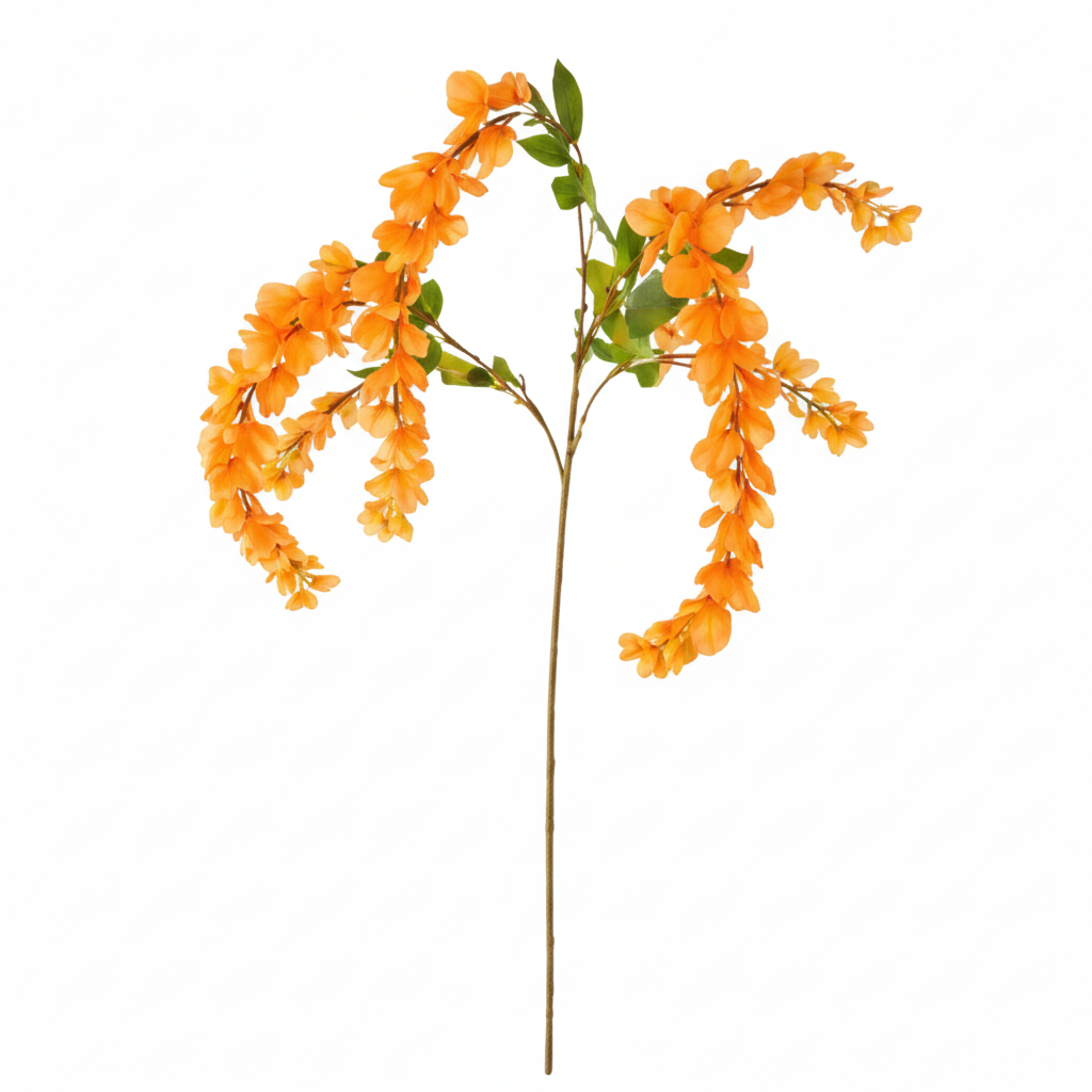 Artificial tangerine orange wisteria stem 43 inch with cascading orange silk blooms and green leaves on pure white background