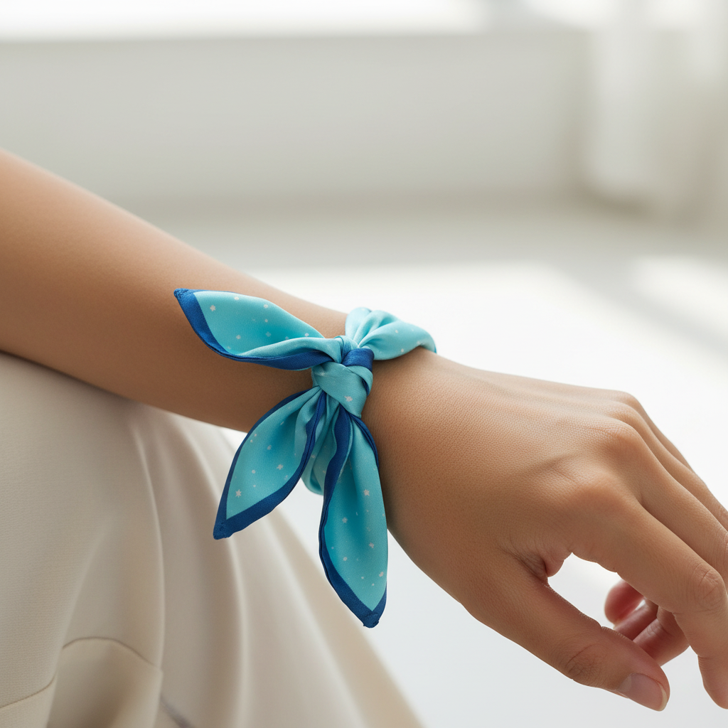 Turquoise blue star print square scarf wrapped around wrist as stylish celestial bracelet accessory