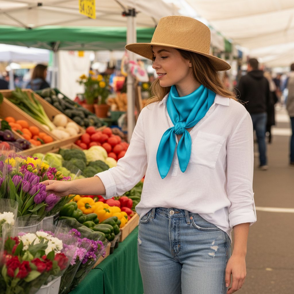 Woman at spring farmers market wearing aqua blue satin scarf