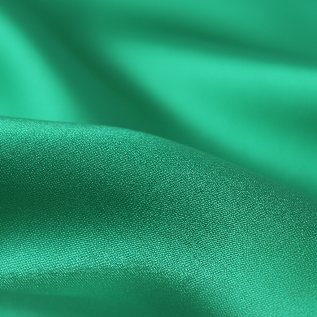 Close up detail of jade green satin polyester wild rag fabric showing smooth silk-like texture and sheen