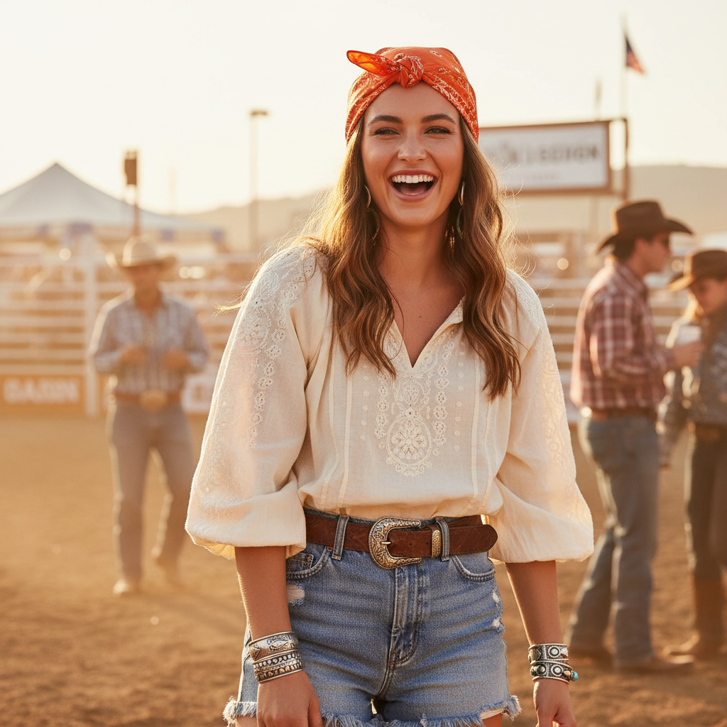 Woman wearing bright orange paisley scarf as headscarf at summer rodeo festival, boho western style vibrant atmosphere