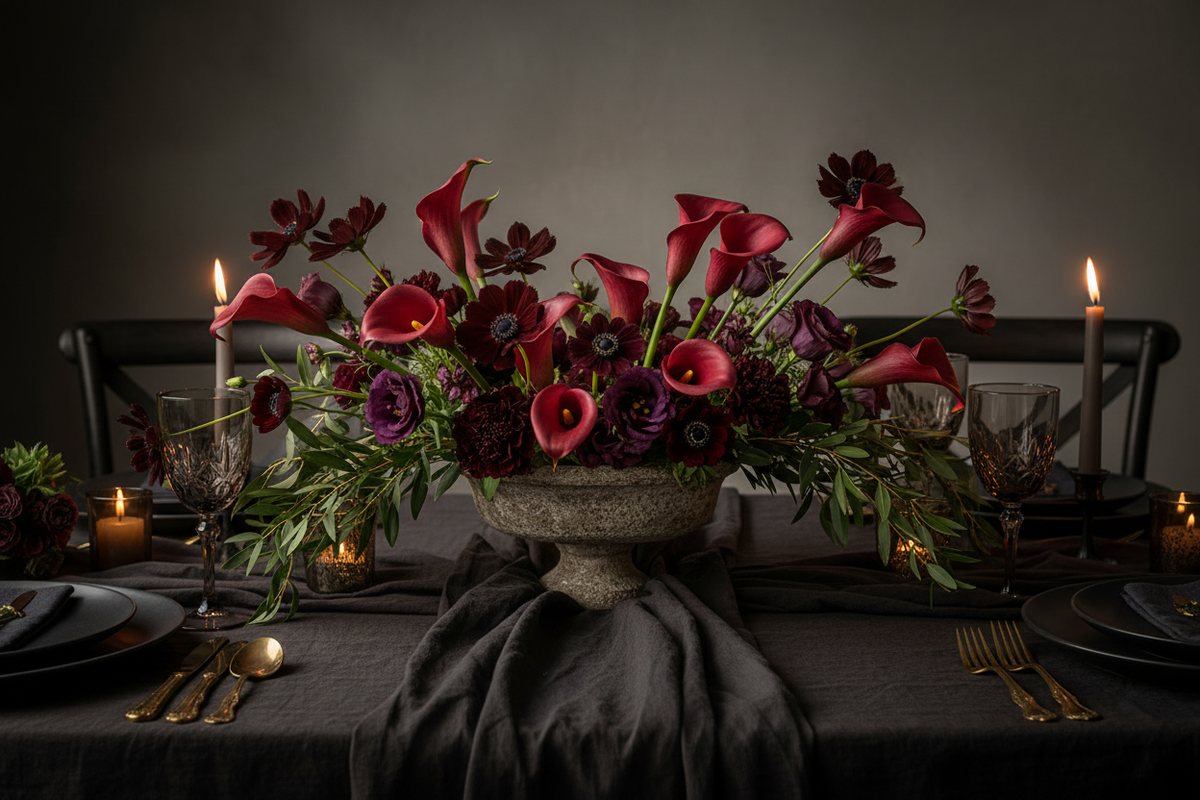 Dark elegance fall tablescape featuring deep true red artificial calla lily stems with chocolate cosmos, plum lisianthus, and dark anemones in an aged stone compote