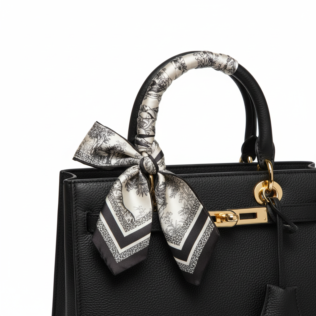 Black and white African jungle safari animal print square satin scarf tied as bag charm on luxury handbag editorial close-up