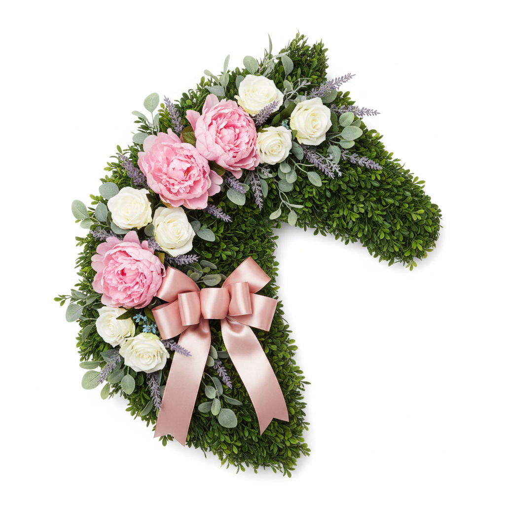 Horse head shaped wreath made with boxwood greenery pink peonies white roses lavender and blush satin bow spring floral decor