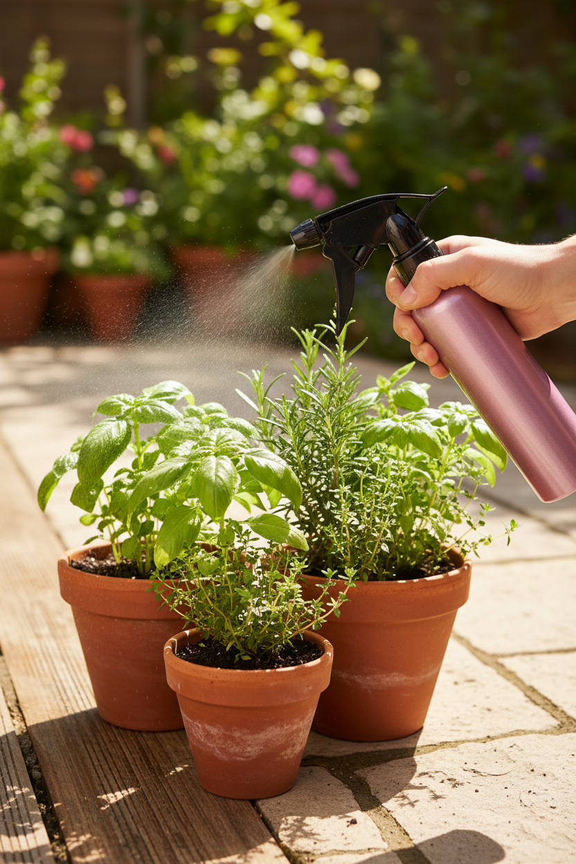 Rosy mauve metallic pink aluminum spray bottle misting fresh herbs in terracotta pots on sunny outdoor patio