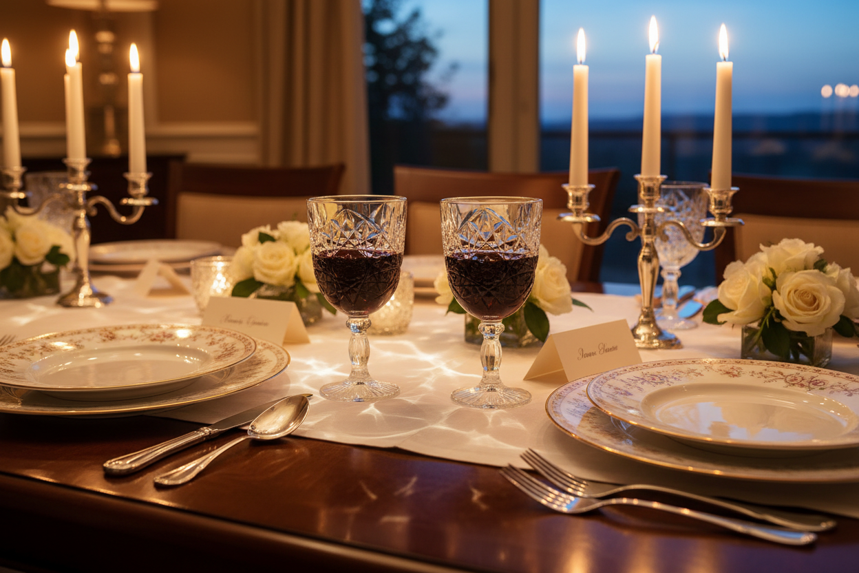 Libbey Hobstar Star of David pressed glass goblets filled with wine on anniversary dinner table