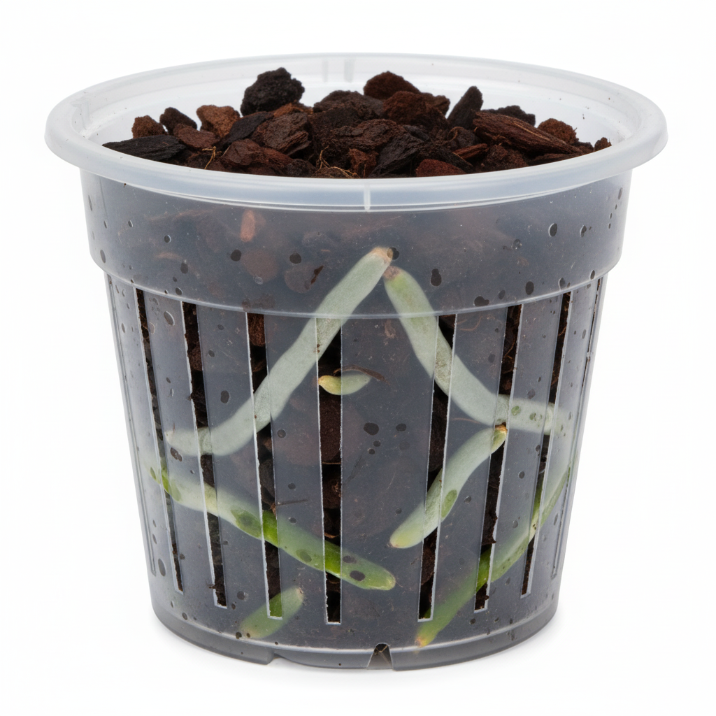 Close-up of clear 5 inch slotted orchid pot showing healthy roots growing through open vertical ventilation slits