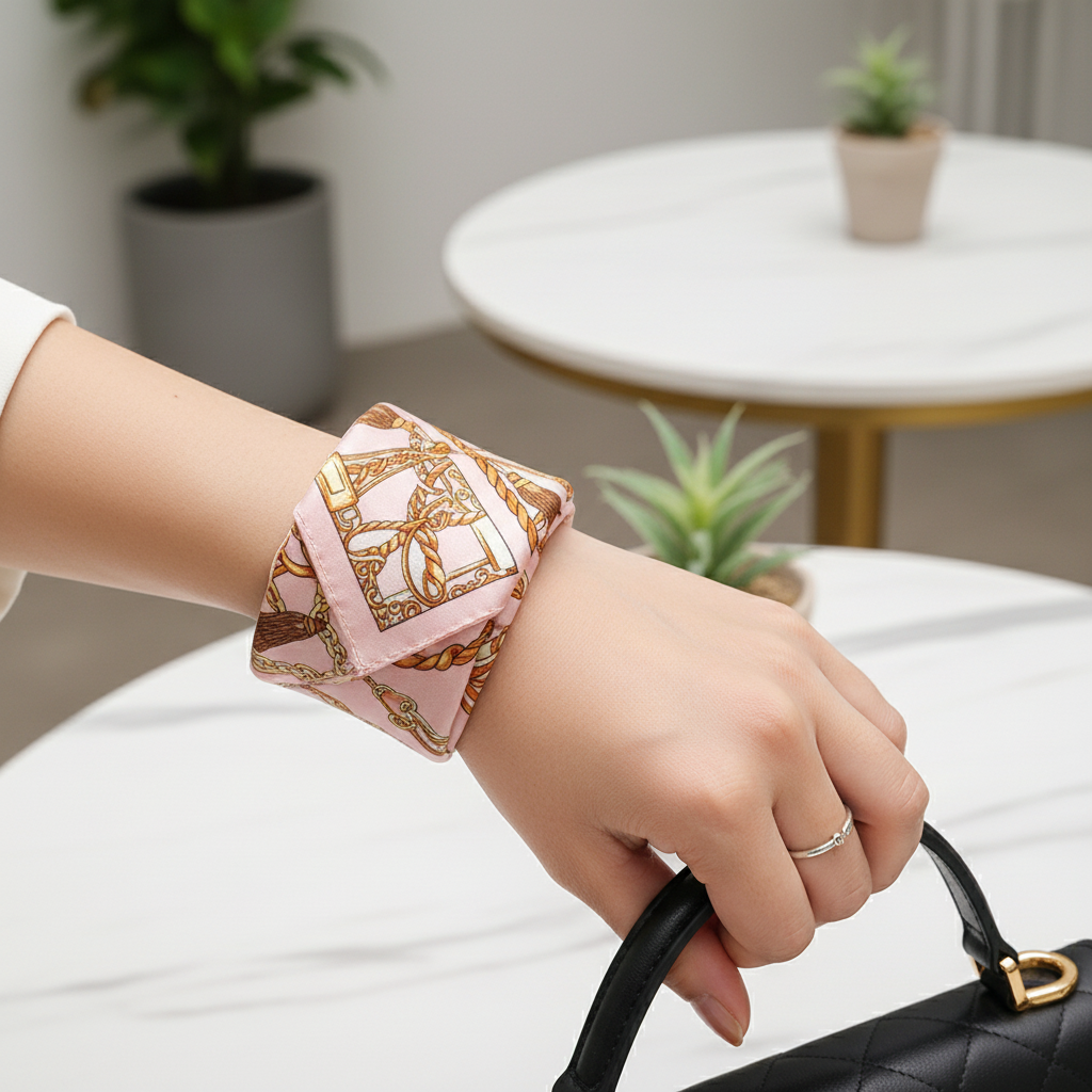 Pink chain print satin scarf wrapped around wrist as accessory showing equestrian rope pattern