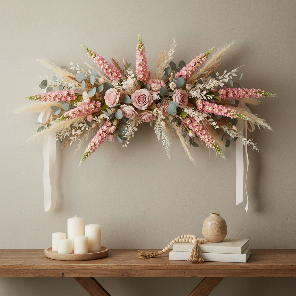 Blush pink snapdragon larkspur stems in a boho fall wall swag with roses, eucalyptus, dried botanicals, and cream ribbon