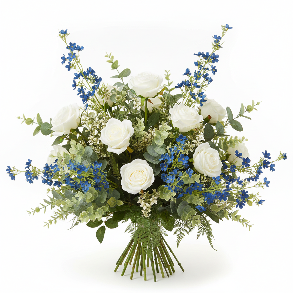 Artificial cobalt blue dogwood stems as bold accent filler in professional white rose bouquet arrangement
