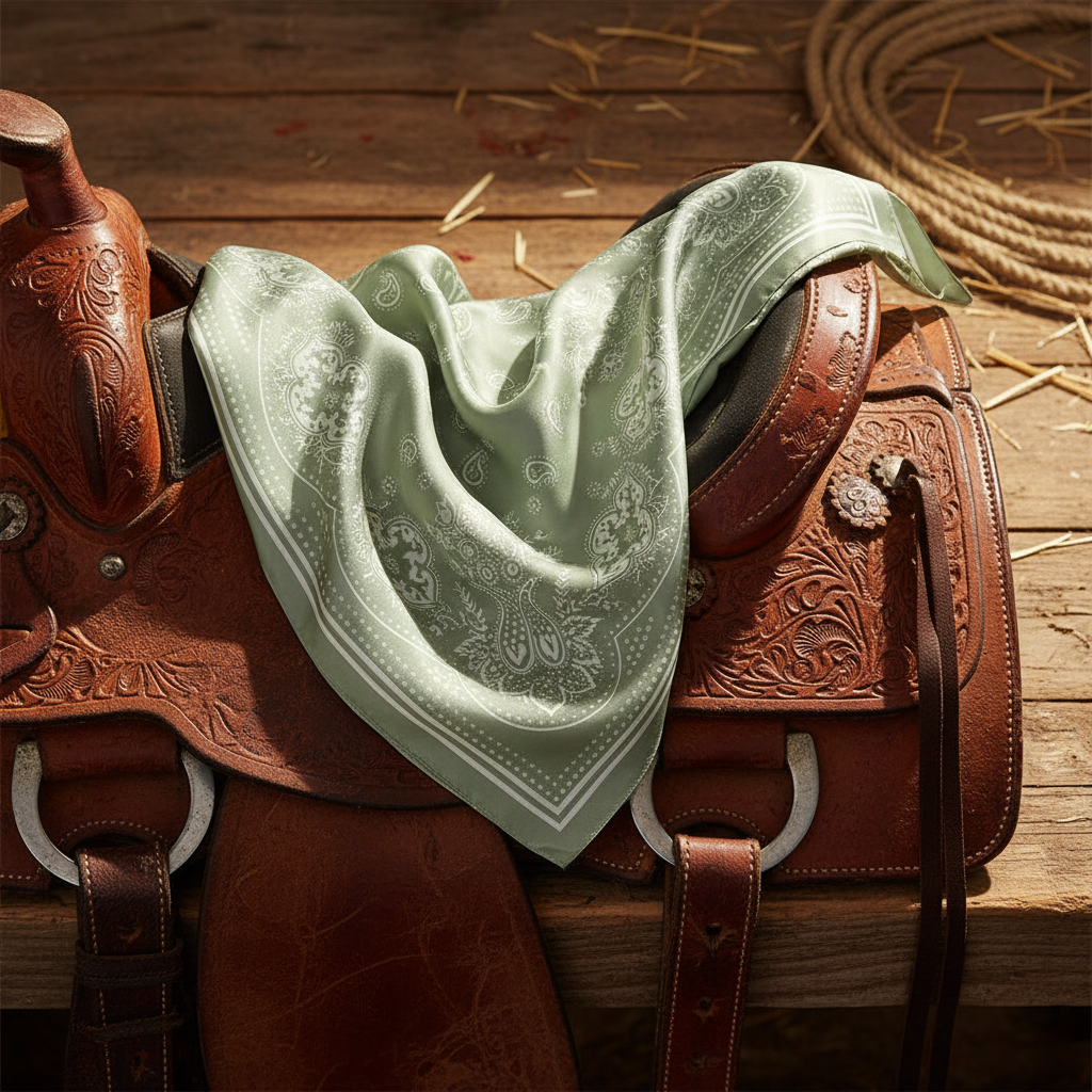 Sage green paisley wild rag scarf draped over western saddle, rustic ranch aesthetic warm natural light