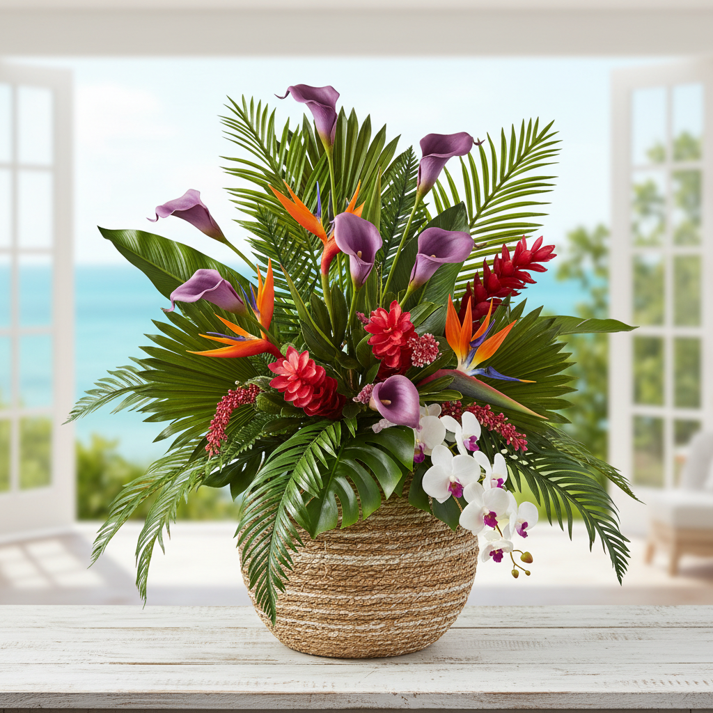 Artificial purple calla lilies in tropical arrangement with palm leaves and exotic flowers in rattan vase