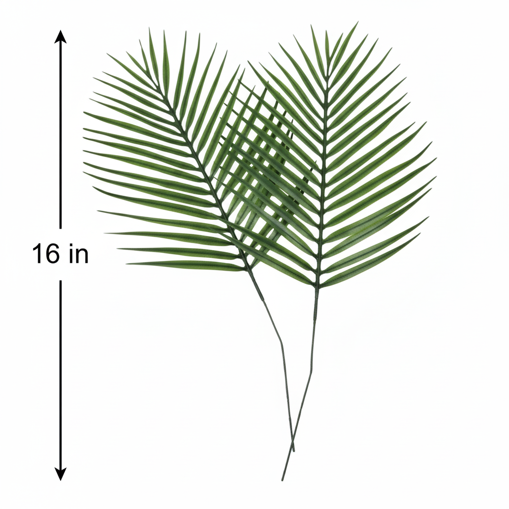 Measurement diagram of artificial palm leaf stems showing 16 inch height on white background