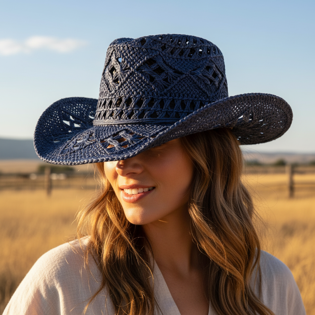Close-up detail of blue woven straw cowboy hat showing breathable texture and rolled brim, western ranch setting