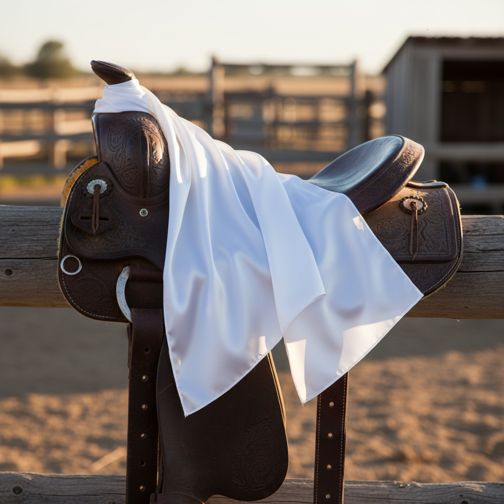 White satin wild rag scarf draped over western saddle
