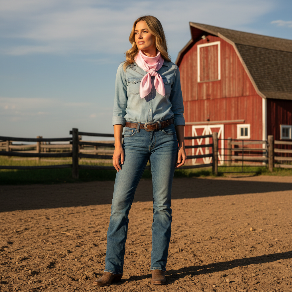 Woman wearing pastel pink wild rag scarf in traditional cowboy style at ranch with western wear and boots