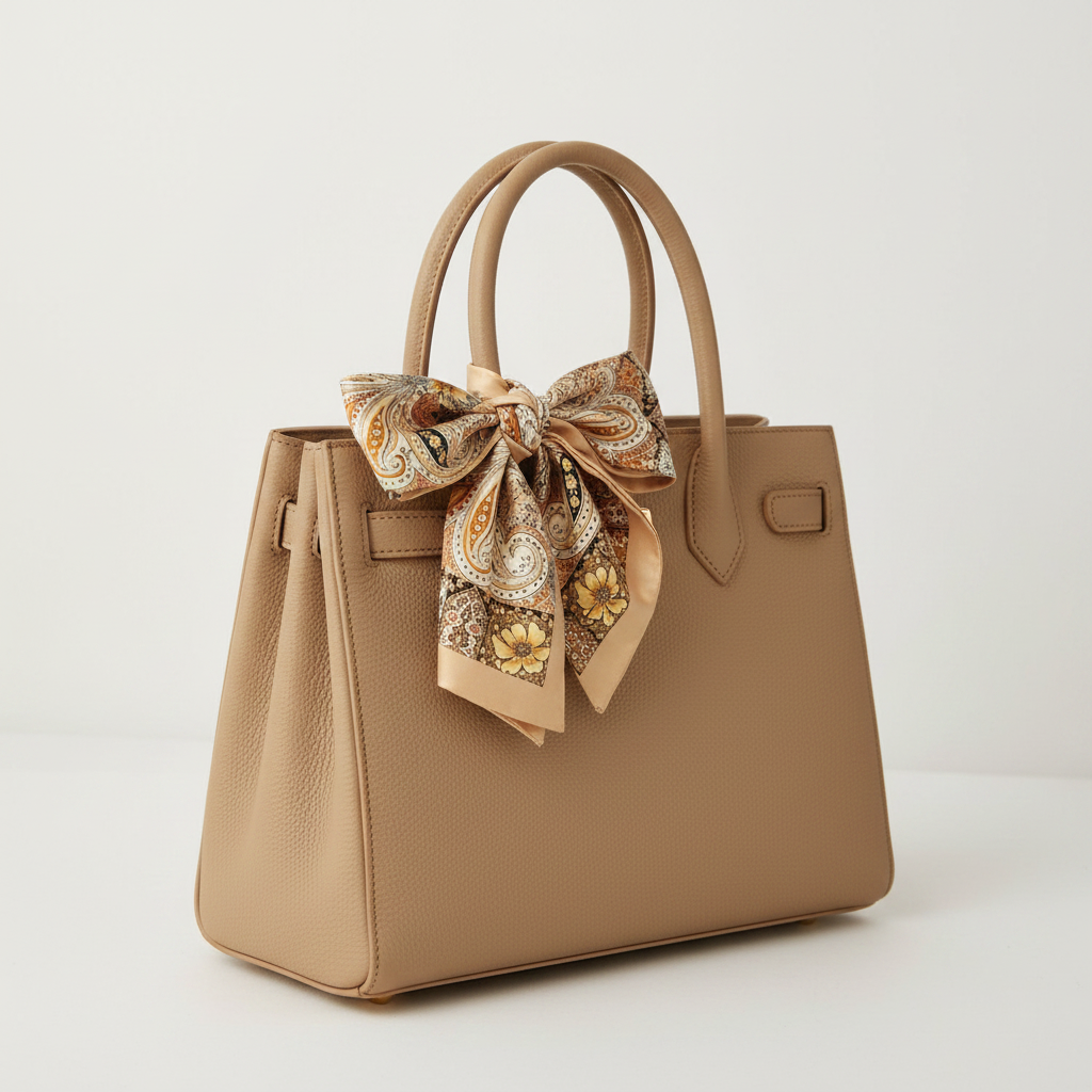 Beige cream gold paisley floral satin scarf tied as a bow on a luxury handbag handle – boutique bag accent