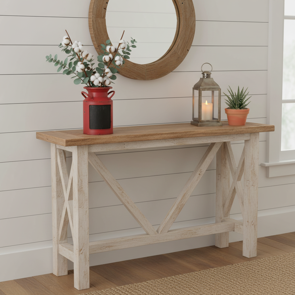 Red distressed metal milk jug planter with cotton stems on wooden entryway console table, farmhouse decor with vintage lantern and shiplap wall