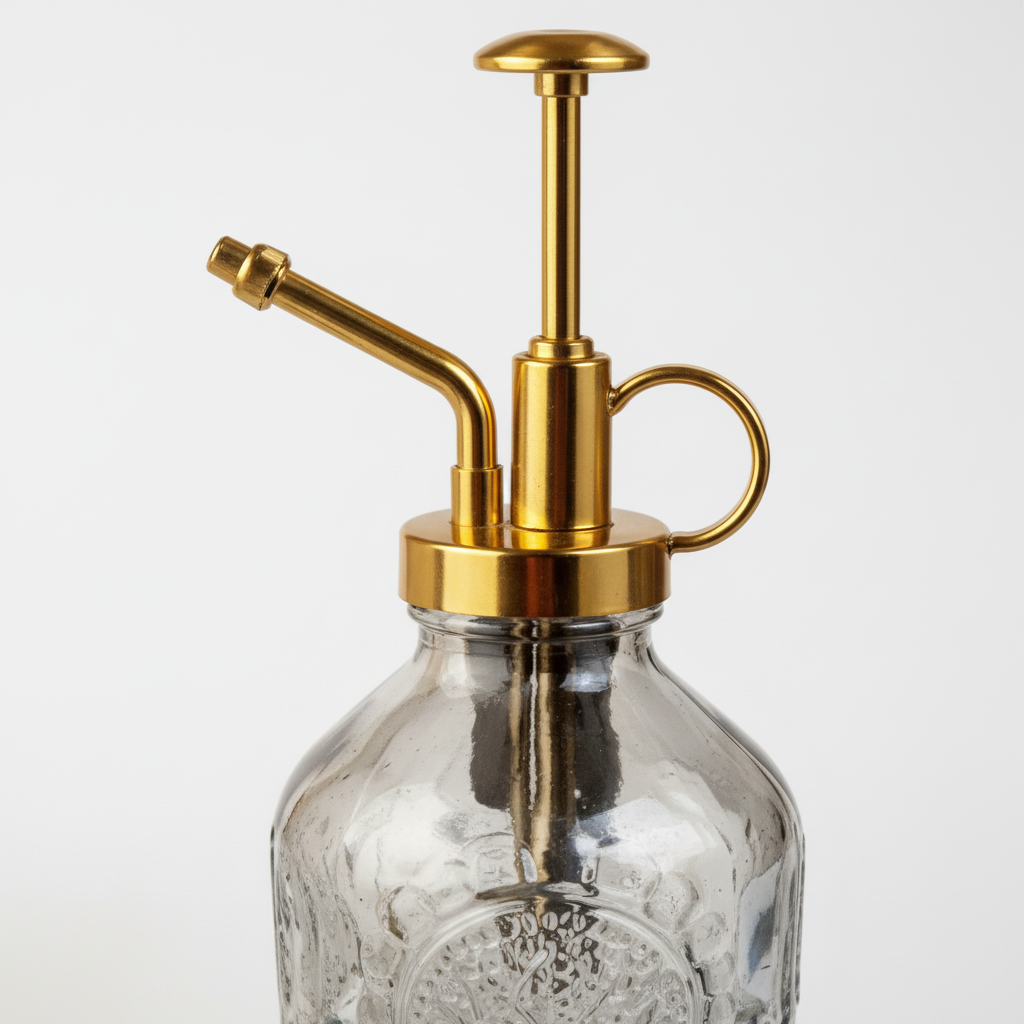 Close-up detail of smoke gray textured glass surface with embossed decorative pattern and gold metal spray nozzle tip
