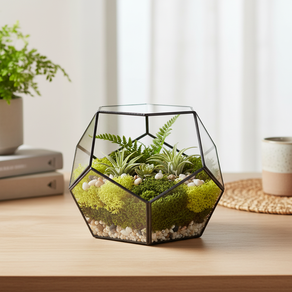 Faux green moss used in glass terrarium with small plants and pebbles botanical home decor