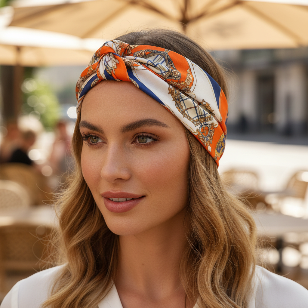 Orange Chain Print Satin Scarf Styled as Headband 20x20 Equestrian Medallion Hair Accessory