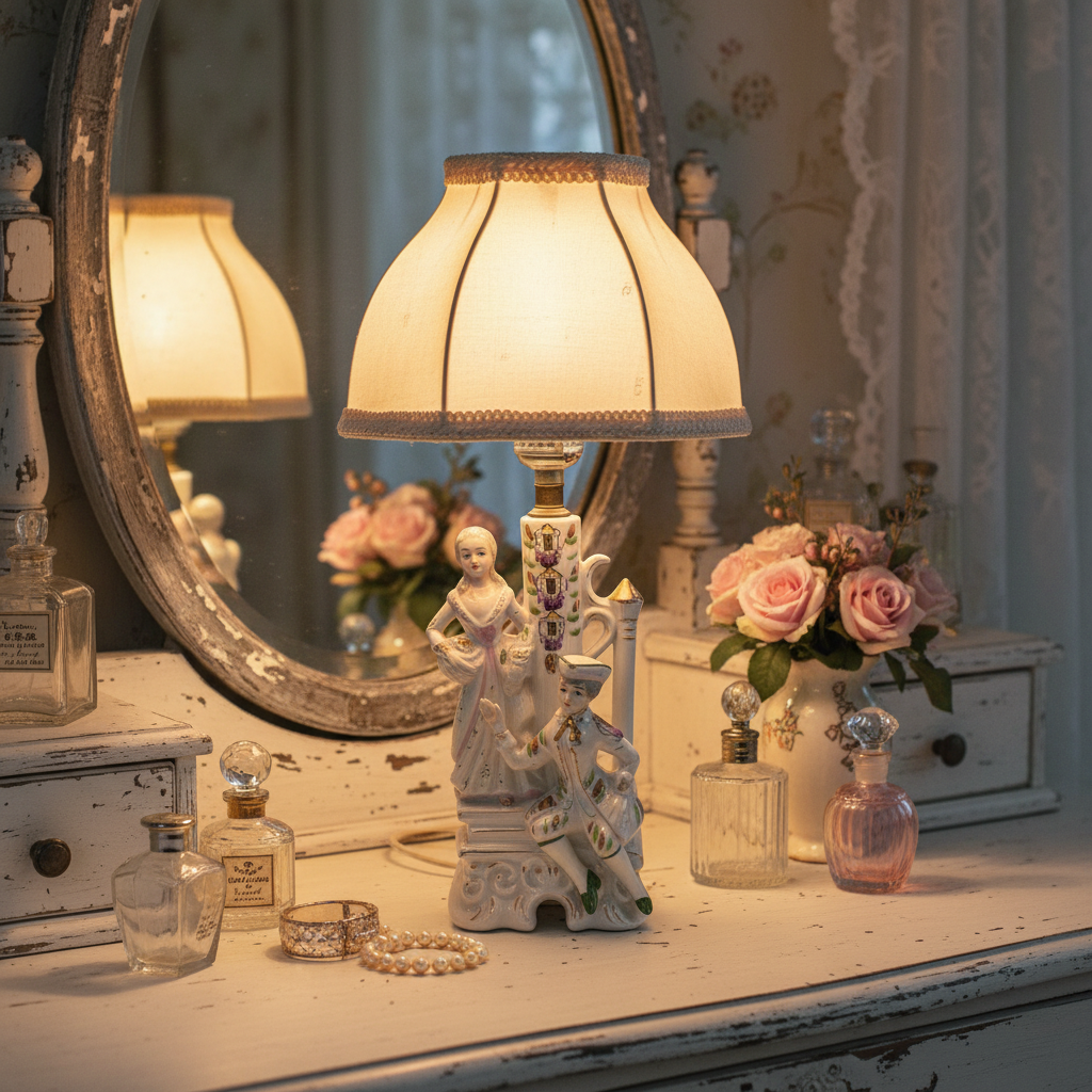 Wales Pottery figural boudoir lamp with vintage lampshade lit and glowing on a shabby chic vanity with antique mirror, pearl jewelry, and pink roses