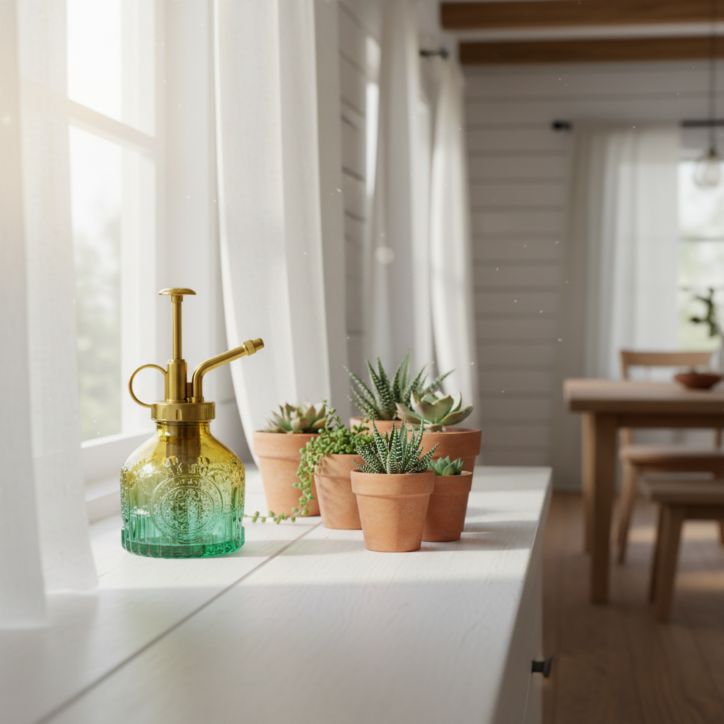 Green yellow gradient glass plant mister on sunny windowsill with small succulents in terracotta pots and farmhouse decor