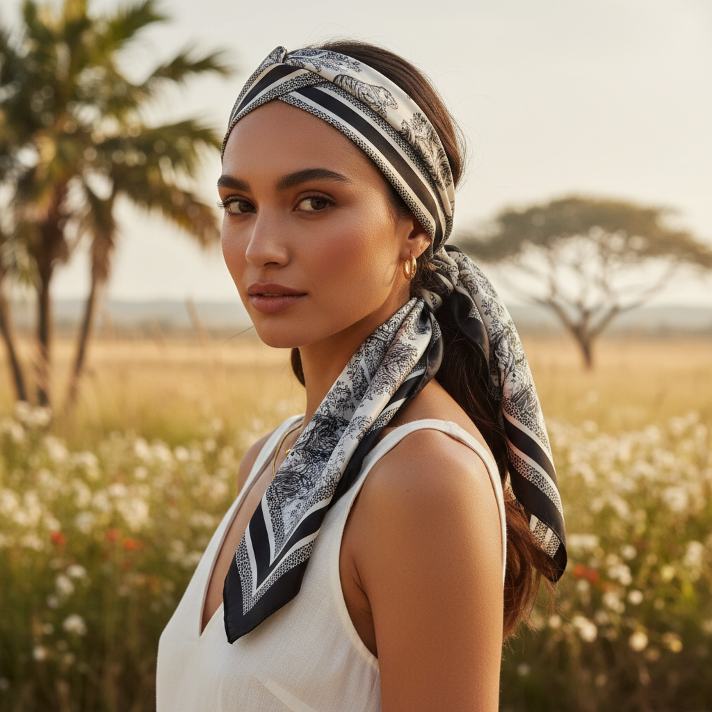 Elegant woman wearing black and white African jungle safari animal print satin scarf as head wrap headband summer outdoor lifestyle