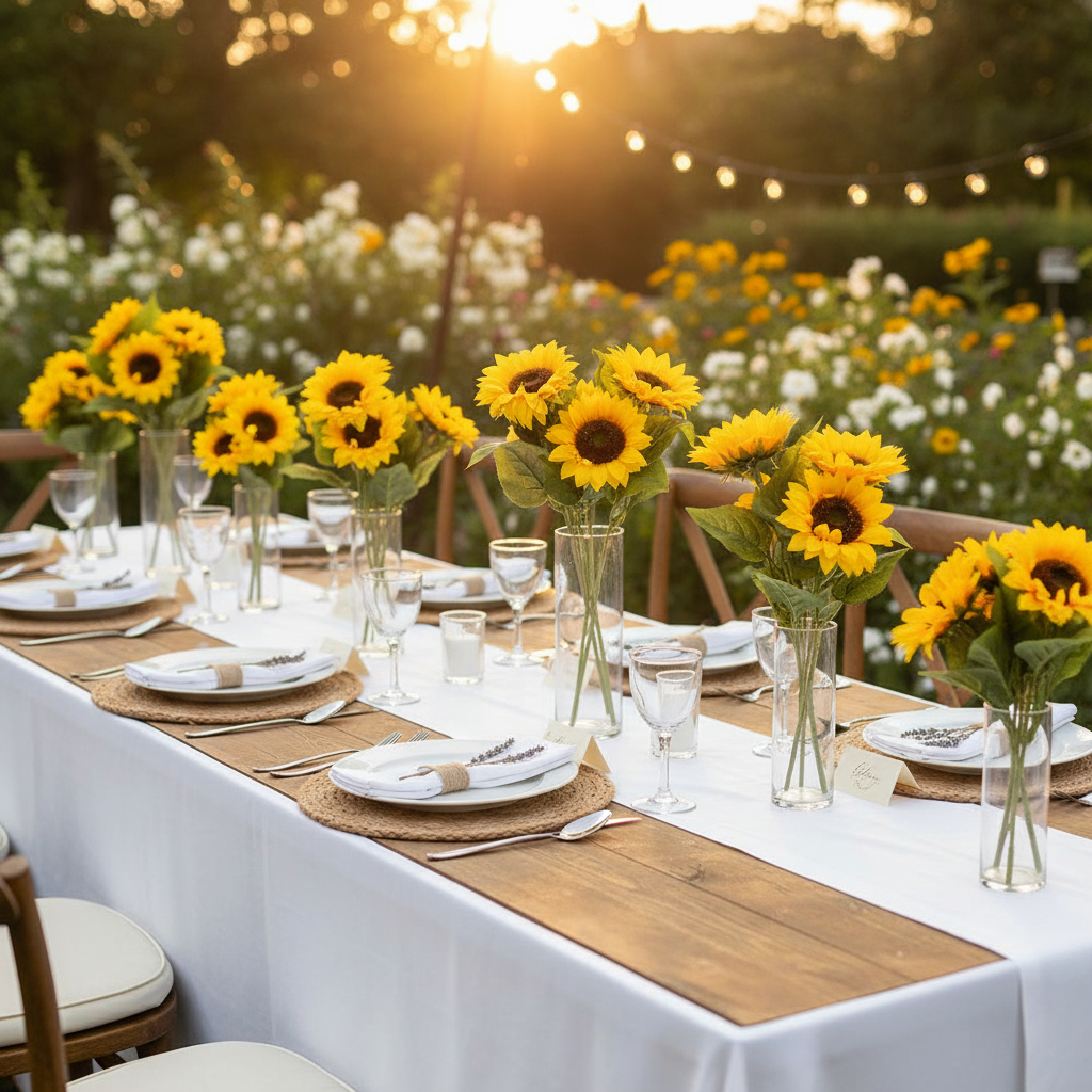 Summer wedding table setting with artificial yellow sunflowers in clear vases, outdoor garden party