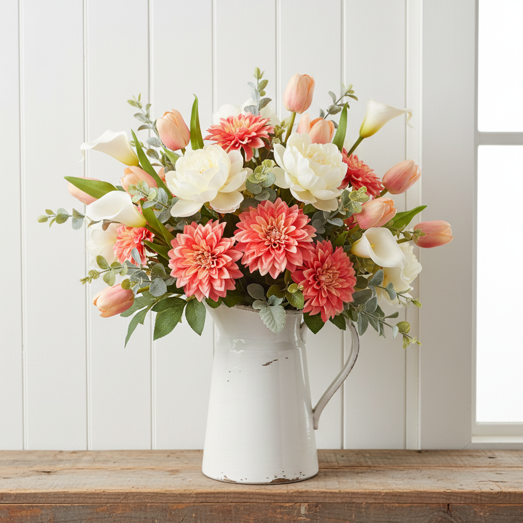 Faux coral pink dahlia stems in a farmhouse mixed arrangement with peach tulips and cream peonies in a white distressed pitcher vase on a rustic wood shelf
