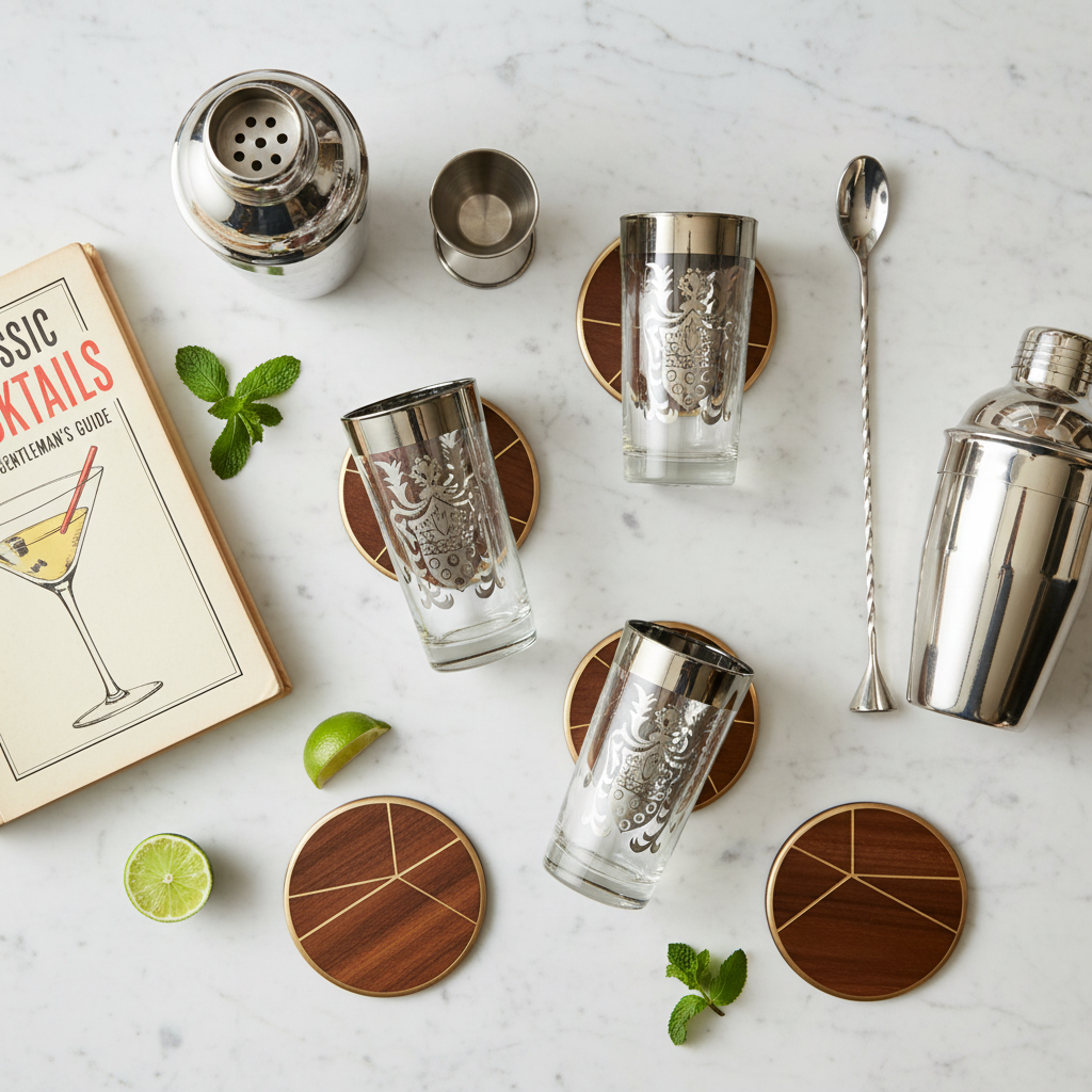 Flat lay of vintage Kimiko silver guardian shield highball glasses with mid-century barware accessories including cocktail shaker and bar tools