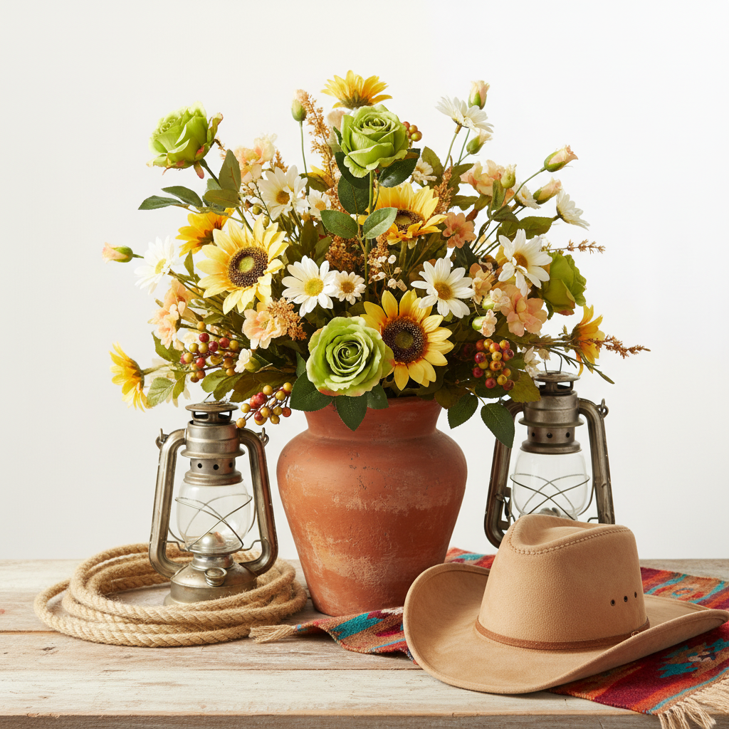 Lime green faux rose stems in a rustic terracotta vase with western decor props including rope, lantern and cowboy hat on weathered wood surface