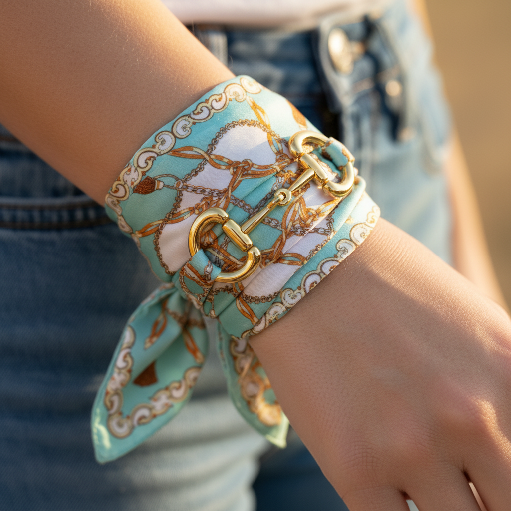 Close-up wrist wrap seafoam blue equestrian satin square scarf with gold horse bit lying flat on wrapped scarf jeans background warm natural light 20x20