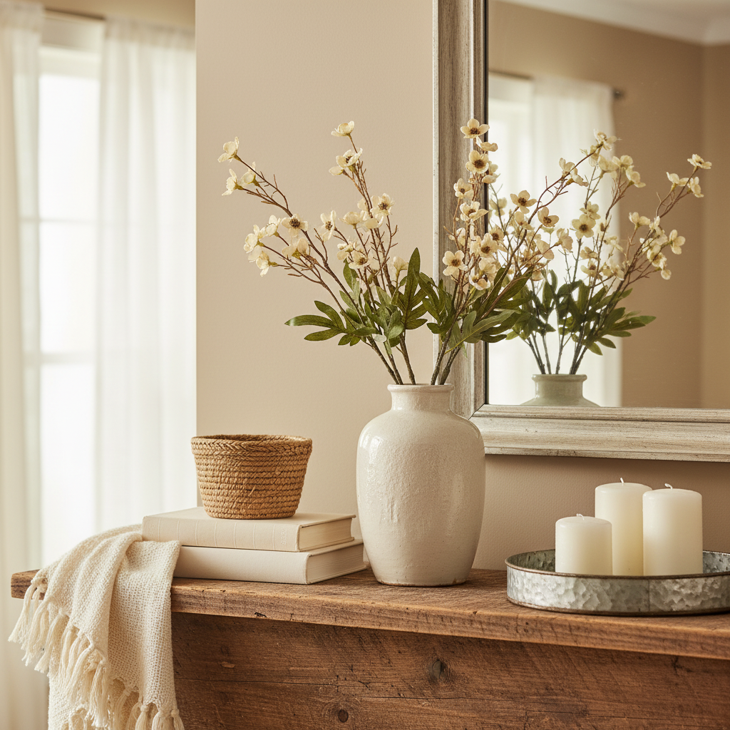 Artificial cream beige dogwood stems in white ceramic vase on rustic farmhouse mantel with candles and neutral woven decor