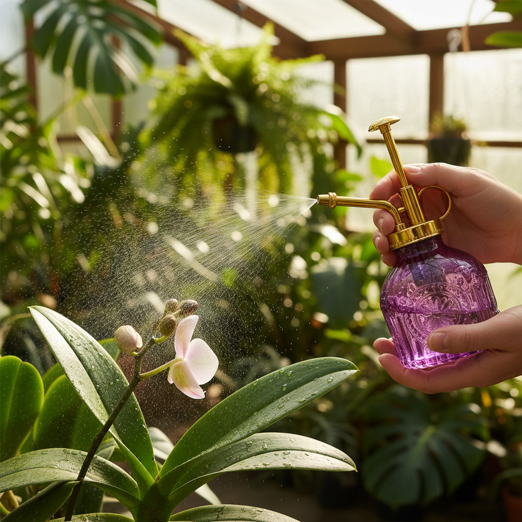 Hands using purple glass mister with gold pump to spray fine mist on orchid leaves in greenhouse