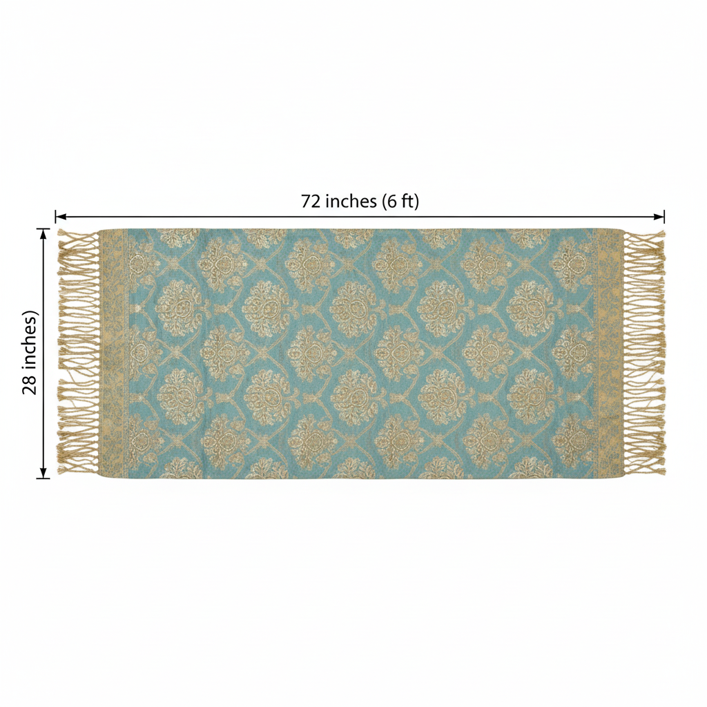 Teal gold paisley jacquard fringe scarf shawl measurement diagram showing 72 inch length and 28 inch width