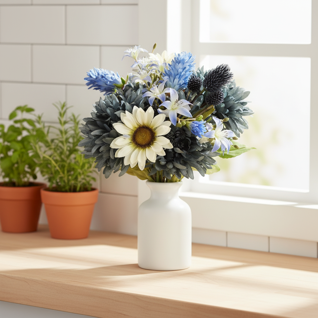 Artificial Blue Mum White Sunflower Bouquet Kitchen Windowsill Decor Faux Silk Flowers