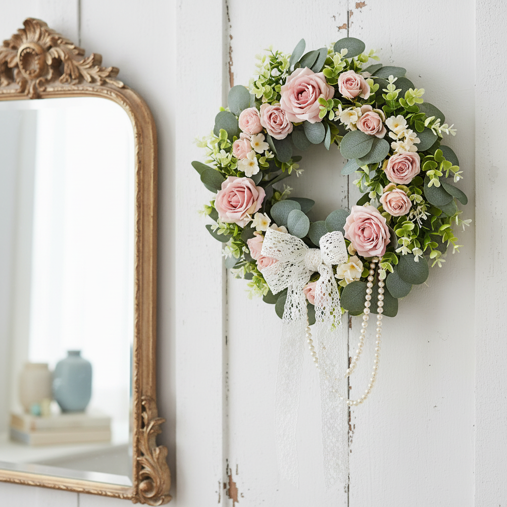 Shabby chic French country eucalyptus wreath with pink roses and lace ribbon