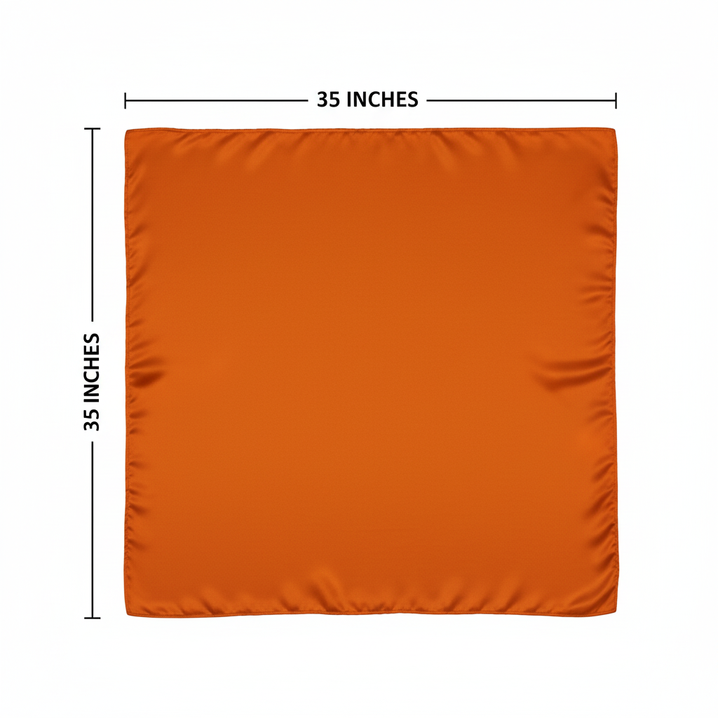 Burnt orange wild rag scarf measurement diagram showing 35x35 inch square dimensions on white background