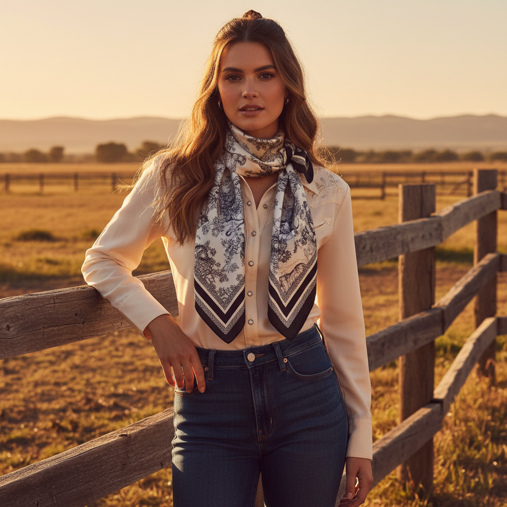 Woman wearing black and white African jungle safari animal print satin scarf tied around neck at western ranch golden hour lifestyle