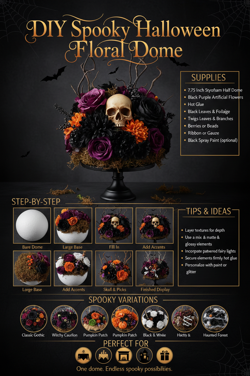 DIY Spooky Halloween Floral Dome infographic showing step-by-step instructions, supplies list, spooky variations, and tips for creating a Halloween centerpiece using a 7.75 inch white styrofoam foam half-ball dome