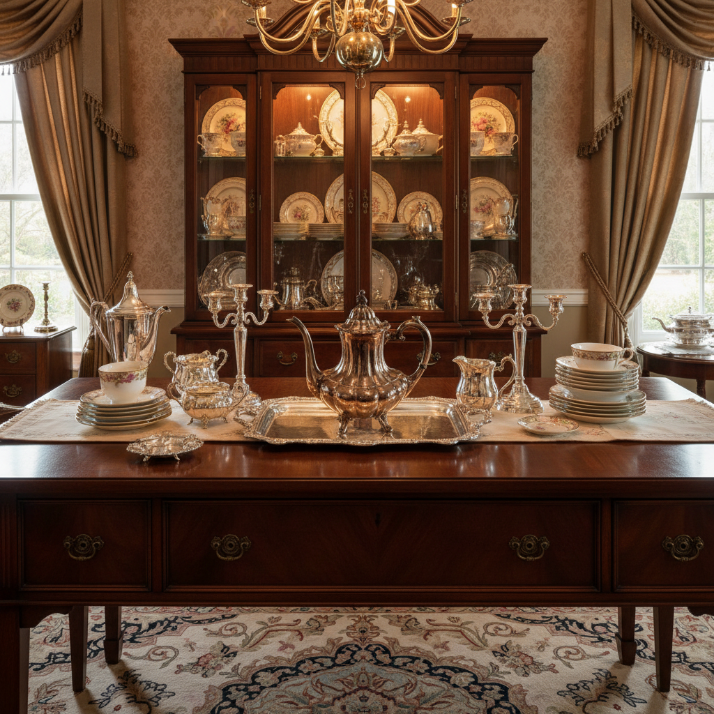 Vintage Reed & Barton silver plated teapot displayed on elegant wooden sideboard with traditional dining room decor