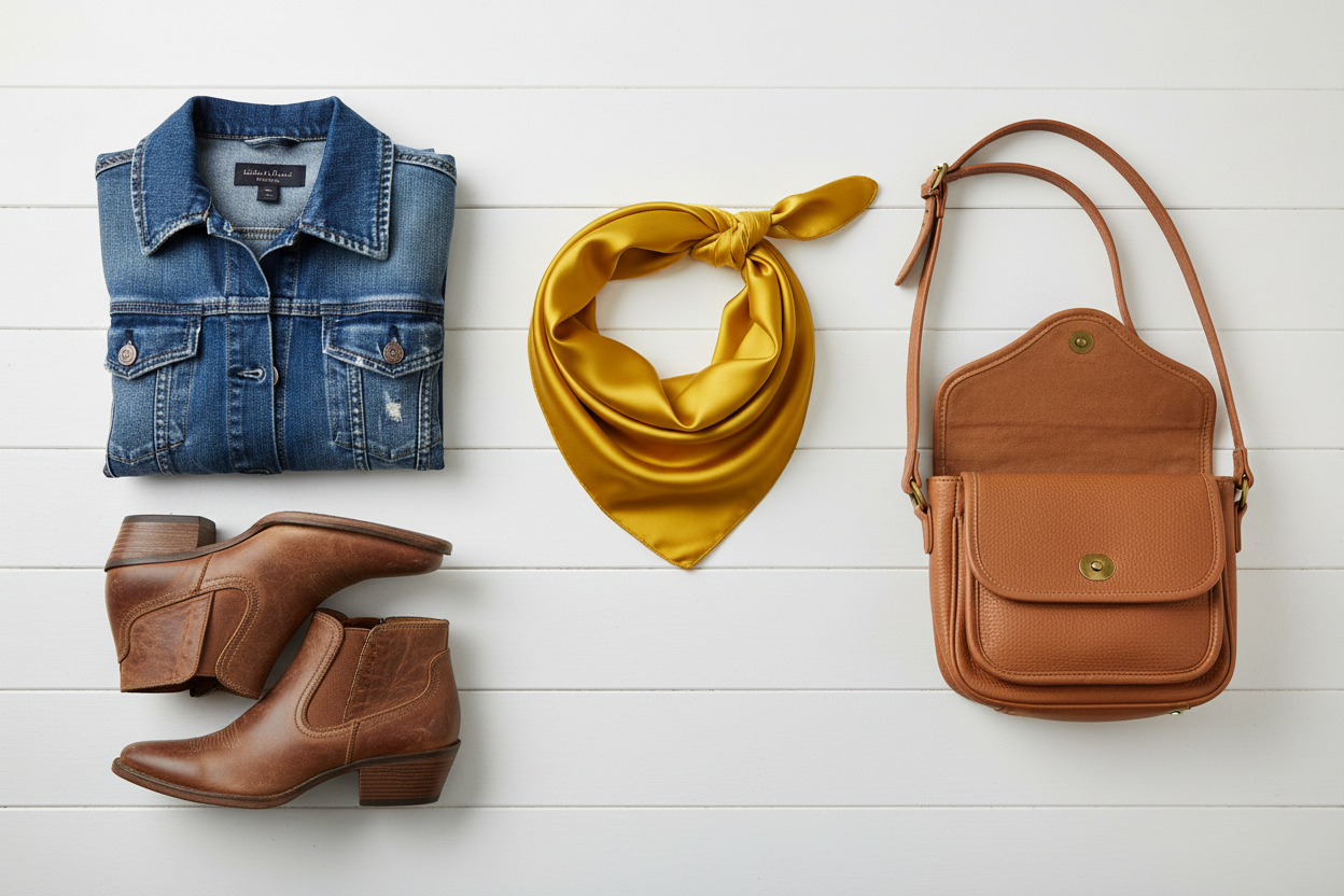 Golden yellow wild rag flat lay with denim jacket, brown leather boots, and crossbody purse, modern cowgirl