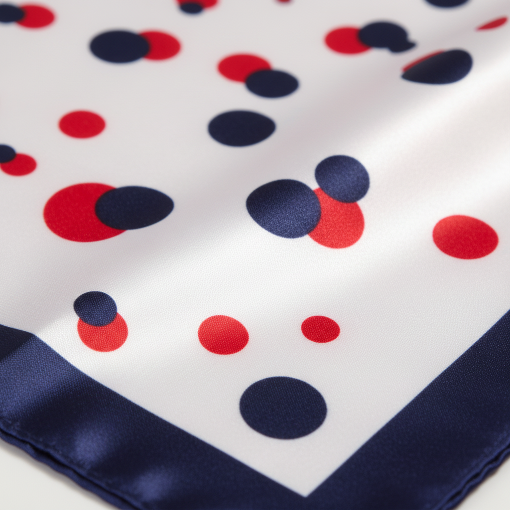 Close-up detail of red white blue polka dot satin fabric with patriotic pattern and navy border