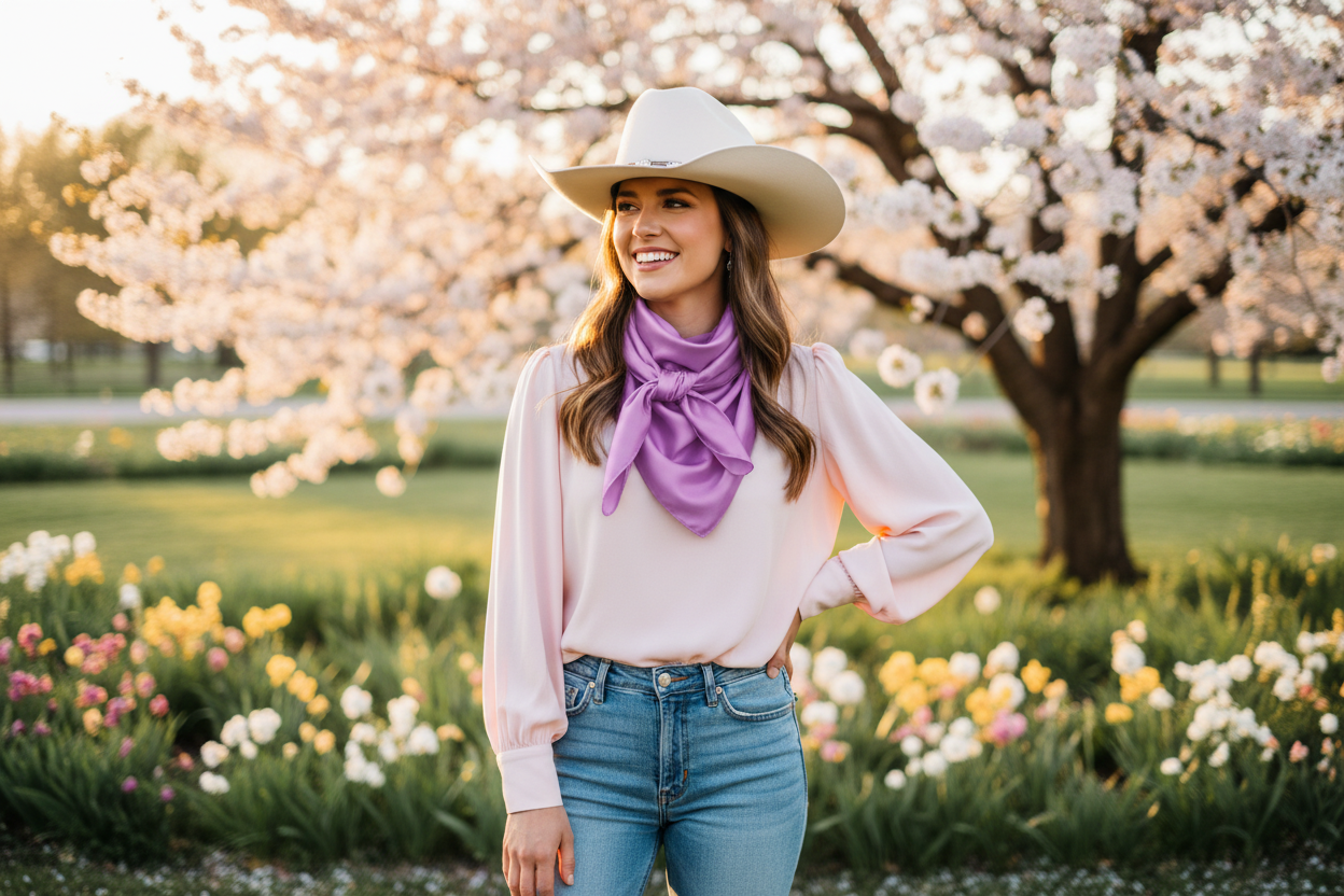 Lavender wild rag tied elegantly at spring wedding with cherry blossoms and pink blouse