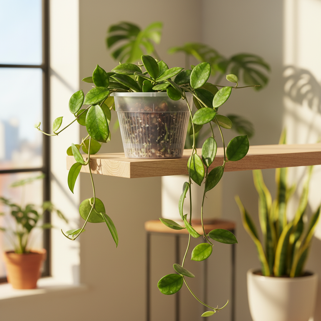 Clear slotted orchid pot with open ventilation slits holding a trailing hoya plant on a wooden living room shelf